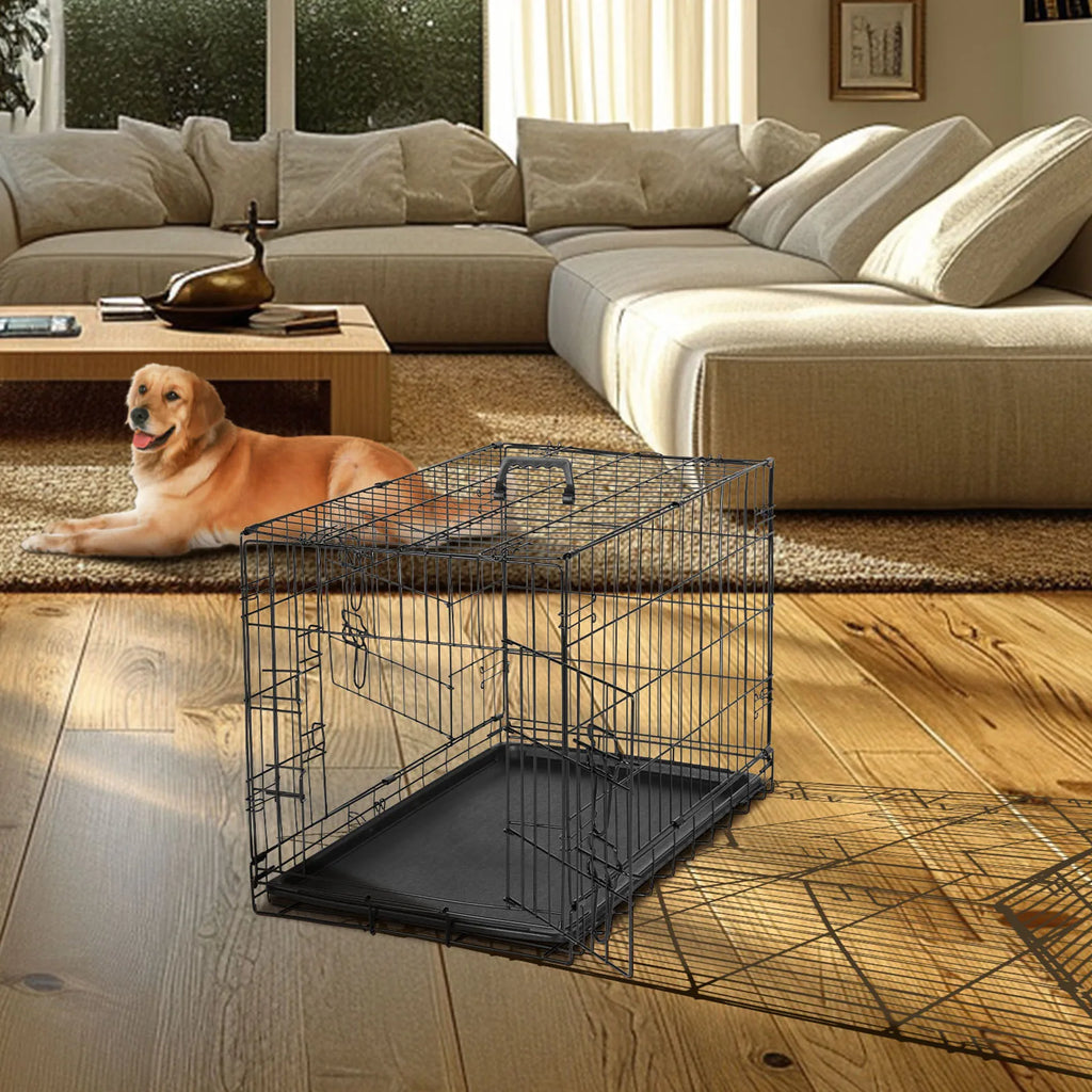Double Door Folding Metal Wire Dog Crate with Plastic Leak-Proof Pan