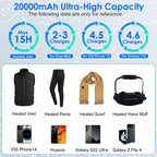 20000mAh 5V 2A Power Bank for Heated Jackets Vests Pants Gloves Scarves DC 7.4V 2A Heated Clothing Replacement Battery Pack for Men Women