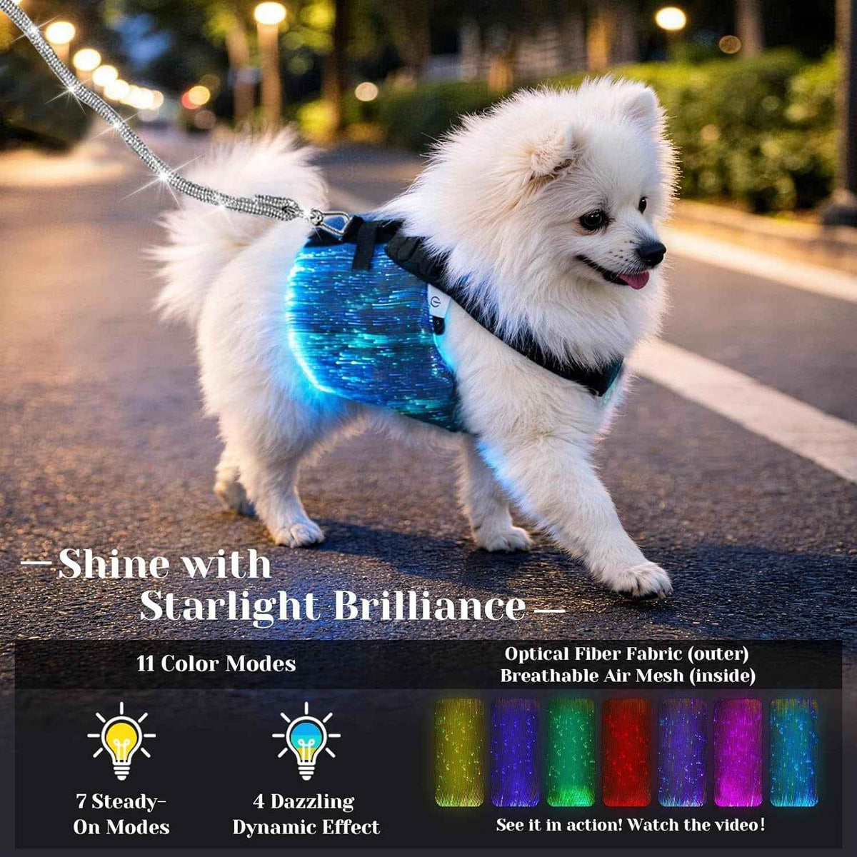 LED Dog Harness Light Up Fiber Optic Remote Control
