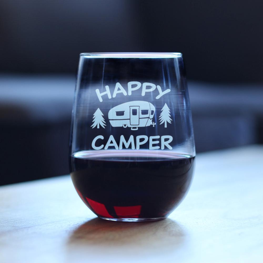 Happy Camper - Funny Stemless Wine Glass - Cute Camping Gifts - Large Glasses - Fun RV Accessories for Women and Men